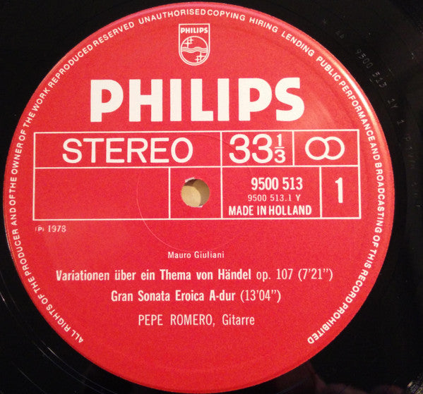 Pepe Romero, Mauro Giuliani – Handel Variations, Op. 107 / Gran Sonata Eroica Etc. LP vinyl record, image 3 of 4