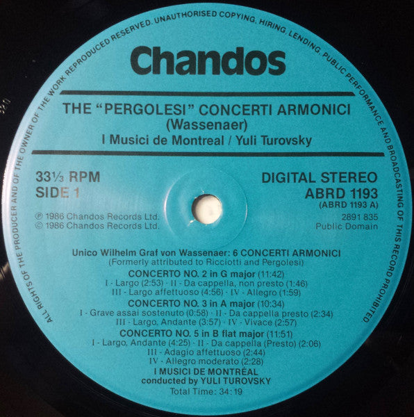 I Musici De Montréal, Yuli Turovsky – The "Pergolesi" Concerti Armonici Attributed To Unico Wilhelm Graf van Wassenaer LP vinyl record, image 4 of 4