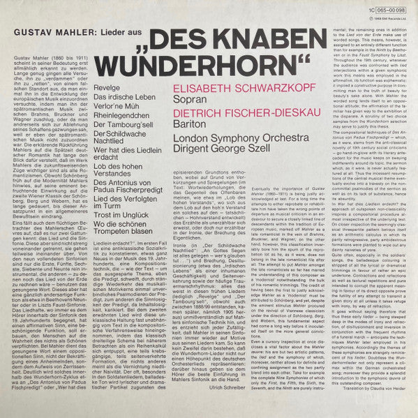 Gustav Mahler, Elisabeth Schwarzkopf, Dietrich Fischer-Dieskau, George Szell, London Symphony Orchestra – Lieder Aus Des Knaben Wunderhorn LP vinyl record, image 4 of 6
