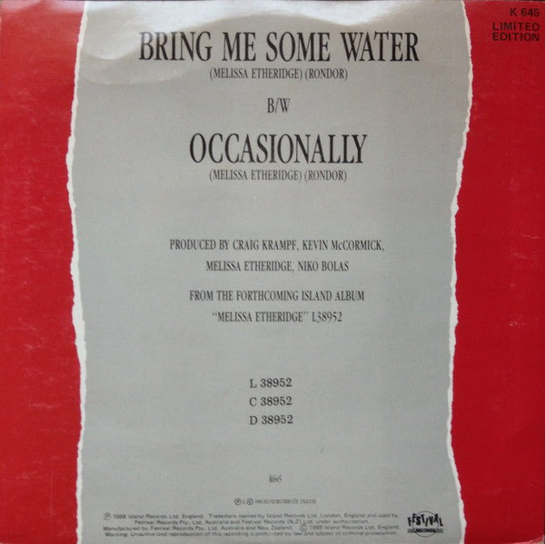 Melissa Etheridge – Bring Me Some Water 7" vinyl record, image 4 of 4