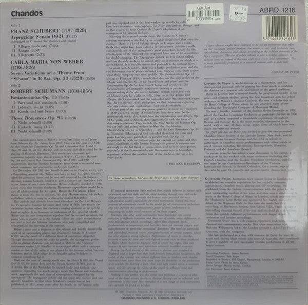 Gervase De Peyer, Gwenneth Pryor, Franz Schubert, Carl Maria Von Weber, Robert Schumann – Arpeggione Sonata / "Silvana" Theme & Variations / Fantasiestücke Op. 73 - Three Romances LP vinyl record, image 2 of 4