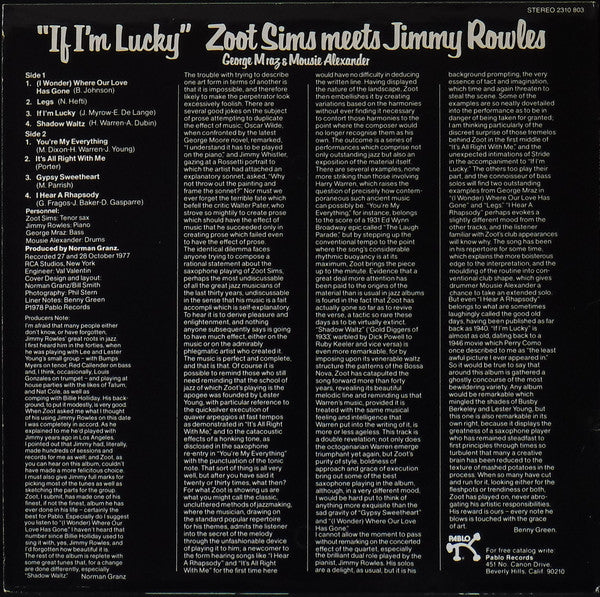 Zoot Sims, Jimmy Rowles – If I'm Lucky LP vinyl record, image 2 of 4