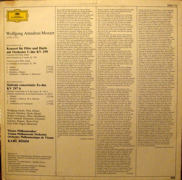 Wolfgang Amadeus Mozart, Karl Böhm, Wiener Philharmoniker, Nicanor Zabaleta, Wolfgang Schulz – Konzert Für Flöte Und Harfe KV299 • Concerto For Flute And Harp/Sinfonia Concertante (für Bläser • For Winds) LP vinyl record, image 2 of 4