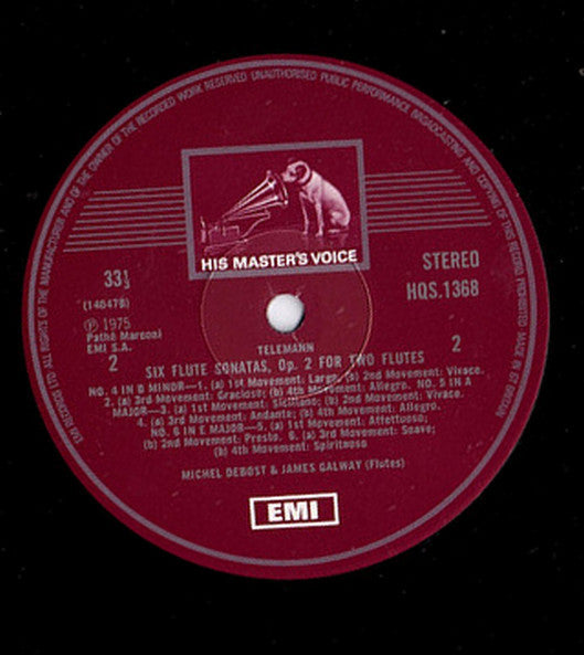 Georg Philipp Telemann, James Galway, Michel Debost – Six Sonatas For Two Flutes Op. 2 LP vinyl record, image 3 of 3