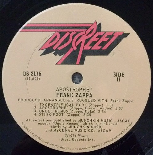 Frank Zappa – Apostrophe (') LP vinyl record, image 4 of 4