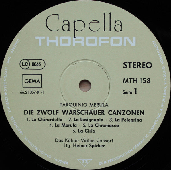 Tarquinio Merula, Kölner Violen-Consort, Heiner Spicker – Die Zwölf Warschauer Canzonen LP vinyl record, image 4 of 5