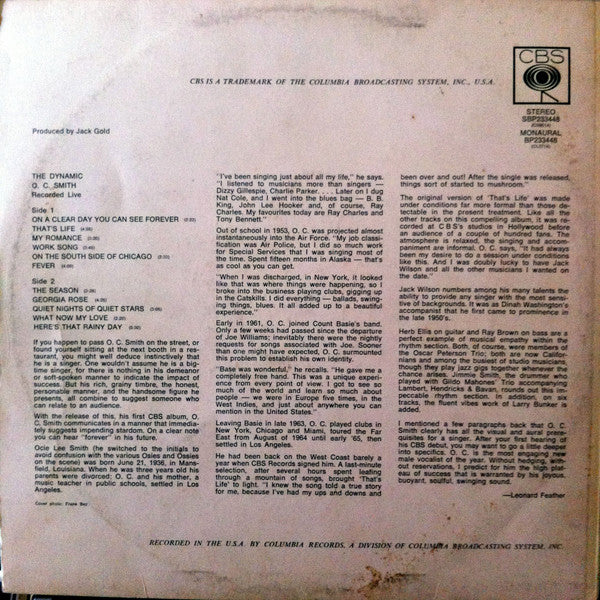 OC Smith – The Dynamic O. C. Smith - Recorded Live LP vinyl record, image 2 of 4