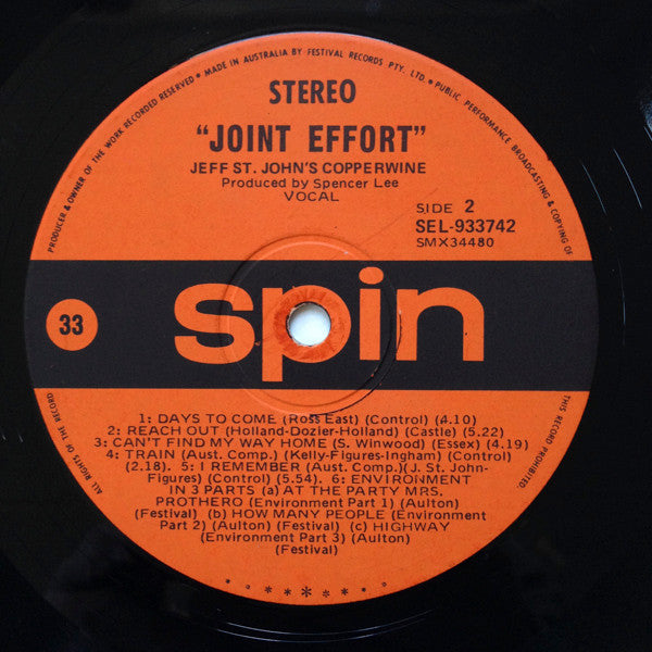 Jeff St John's Copperwine – Joint Effort LP vinyl record, image 4 of 4