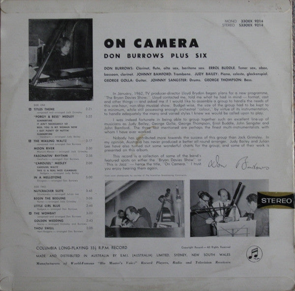 Don Burrows Plus Six – On Camera LP vinyl record, image 2 of 2