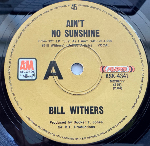 Bill Withers – Ain't No Sunshine 7" vinyl record, image 1 of 3
