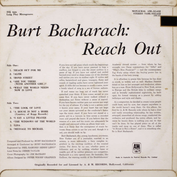 Burt Bacharach – Reach Out LP vinyl record, image 6 of 6