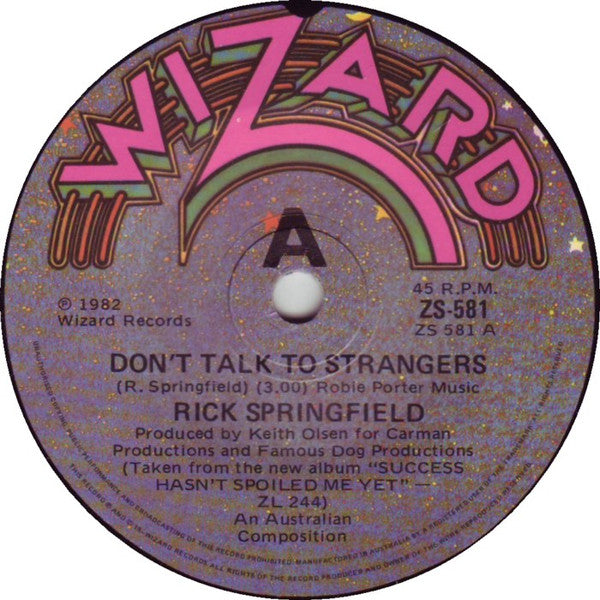 Rick Springfield – Don't Talk To Strangers 7" vinyl record, image 3 of 5