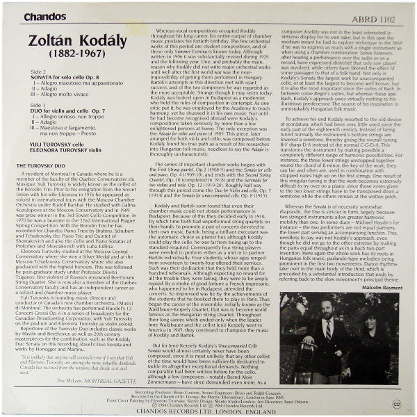 Zoltán Kodály, Yuli Turovsky, Eleonora Turovsky – Solo Cello Sonata Op.8 / Duo For Violin And Cello Op.7 LP vinyl record, image 2 of 4