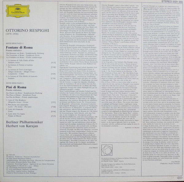 Ottorino Respighi, Berliner Philharmoniker, Herbert von Karajan – Fontane Di Roma • Pini Di Roma LP vinyl record, image 2 of 5