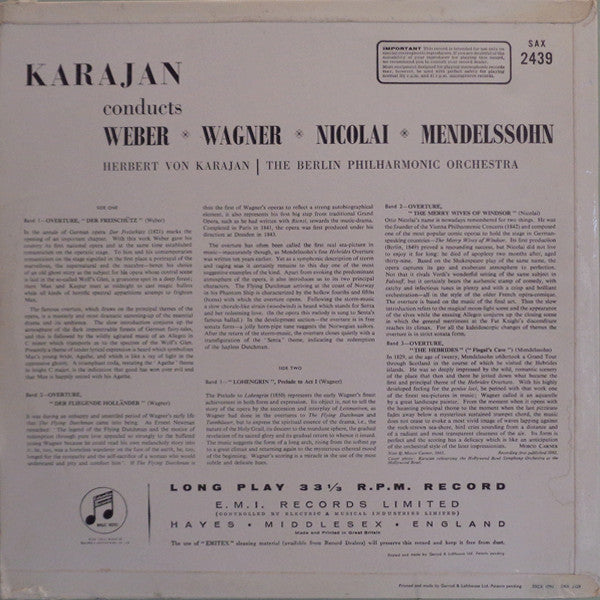 Carl Maria von Weber, Richard Wagner, Otto Nicolai, Felix Mendelssohn-Bartholdy, Herbert von Karajan, Berliner Philharmoniker – Overtures LP vinyl record, image 2 of 4