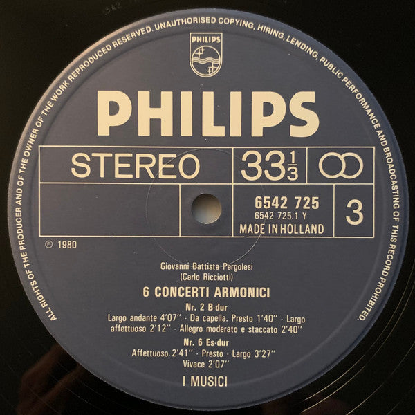 Giovanni Battista Pergolesi, Unico Wilhelm van Wassenaer, I Musici, Pina Carmirelli – 6 Concerti Armonici / Concerto Di Violino Solo Con Più Stromenti / Concerto A Cinque (2xLP) LP vinyl record, image 7 of 8