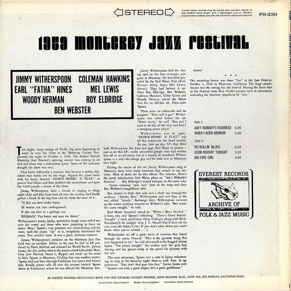 Jimmy Witherspoon, Coleman Hawkins, Earl Hines, Mel Lewis, Woody Herman, Roy Eldridge, Ben Webster – 1959 Monterey Jazz Festival LP vinyl record, image 2 of 4