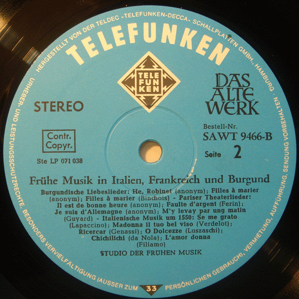 Studio Der Frühen Musik – Frühe Musik In Italien, Frankreich Und Burgund • Early Music In Italy, France And Burgundy LP vinyl record, image 4 of 4