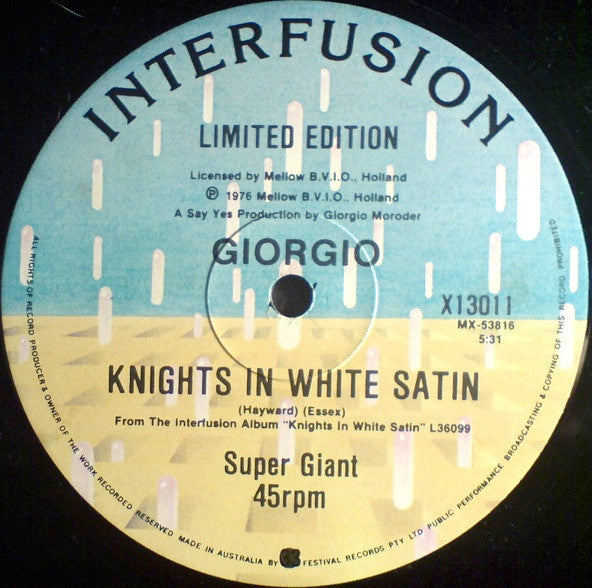 Giorgio Moroder – I Wanna Funk With You Tonite / Knights In White Satin 12" vinyl record, image 2 of 2