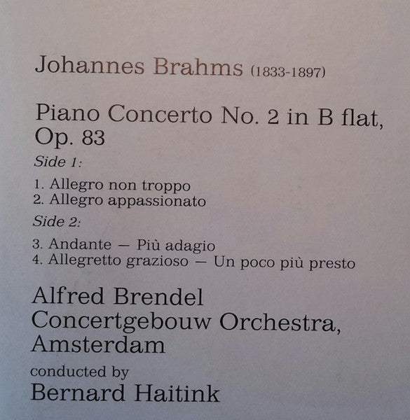 Johannes Brahms, Alfred Brendel, Concertgebouworkest, Bernard Haitink – Piano Concerto No. 2 LP vinyl record, image 3 of 6