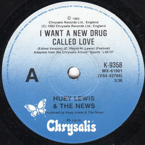 Huey Lewis & The News – I Want A New Drug Called Love 7" vinyl record
