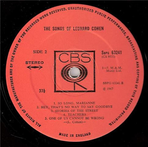 Leonard Cohen – Songs Of Leonard Cohen LP vinyl record, image 3 of 3