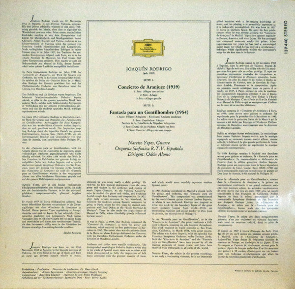 Joaquín Rodrigo, Narciso Yepes, Orquesta Sinfónica De RTVE, Odón Alonso – Concierto De Aranjuez / Fantasía Para Un Gentilhombre LP vinyl record, image 2 of 4