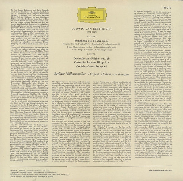 Ludwig Van Beethoven, Berliner Philharmoniker, Herbert von Karajan – Symphonie Nr. 8 / Ouvertüren: »Fidelio« · »Leonore III« · »Coriolan« LP vinyl record, image 2 of 4