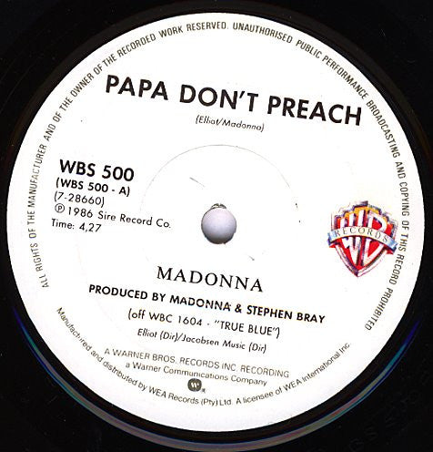 Madonna – Papa Don't Preach / Pretender 7" vinyl record, image 3 of 5