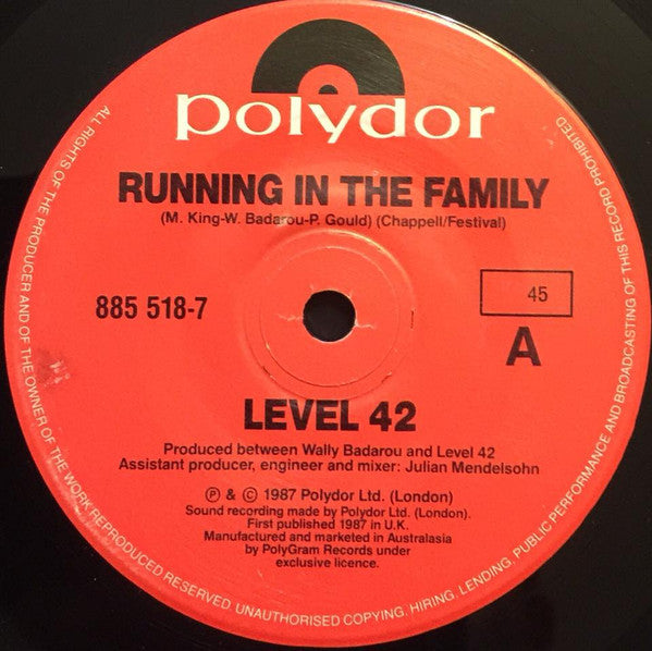 Level 42 – Running In The Family 7" vinyl record