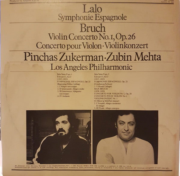 Pinchas Zukerman, Zubin Mehta, Los Angeles Philharmonic Orchestra, Max Bruch, Édouard Lalo – Violin Concerto No. 1 / Symphonie Espagnole LP vinyl record, image 2 of 2