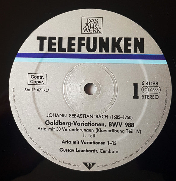 Johann Sebastian Bach, Gustav Leonhardt – Goldberg-Variationen LP vinyl record, image 2 of 3