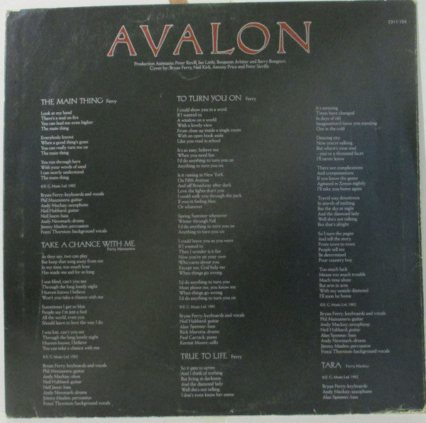 Roxy Music – Avalon LP vinyl record, image 5 of 6