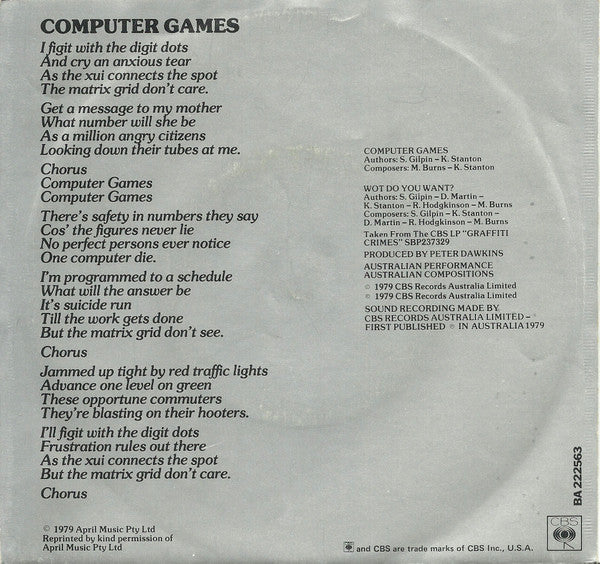 Mi-Sex – Computer Games 7" vinyl record, image 2 of 4