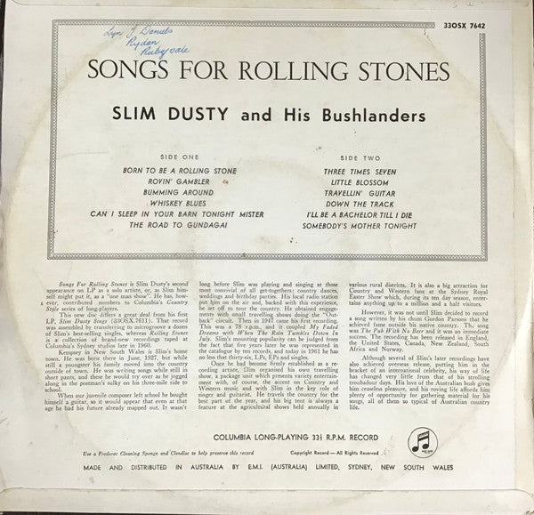Slim Dusty And His Bushlanders – Songs For Rolling Stones LP vinyl record, image 2 of 4