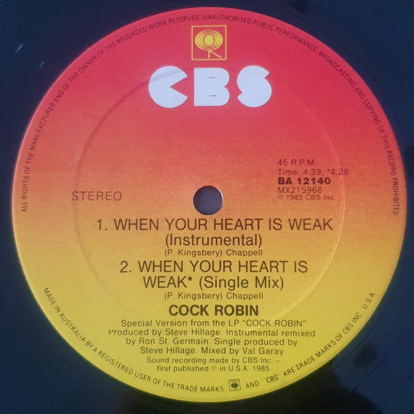 Cock Robin – When Your Heart Is Weak 12" vinyl record, image 2 of 3