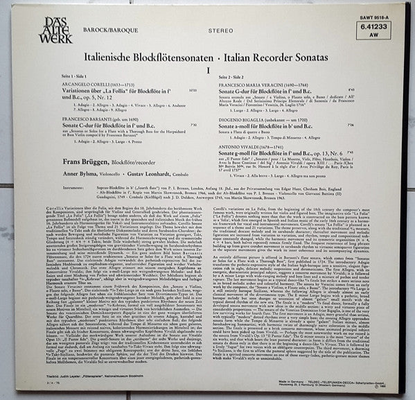 Arcangelo Corelli, Antonio Vivaldi, Francesco Maria Veracini – Italienische Blockflötensonaten - Italian Recorder Sonatas - I LP vinyl record, image 2 of 4