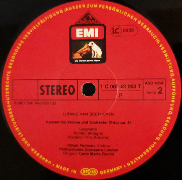Ludwig Van Beethoven, Itzhak Perlman, Carlo Maria Giulini, Philharmonia Orchestra – Violin Concerto LP vinyl record, image 3 of 3