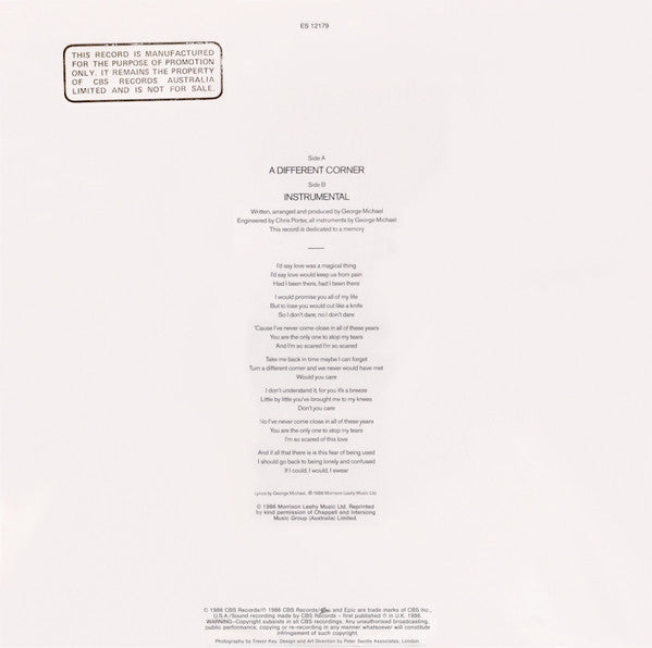 George Michael – A Different Corner 12" vinyl record, image 2 of 5