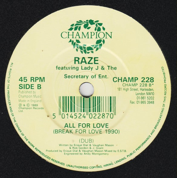 Raze, Lady J, The Secretary Of Entertainment – All 4 Love (Break 4 Love 1990) 7" vinyl record, image 4 of 4