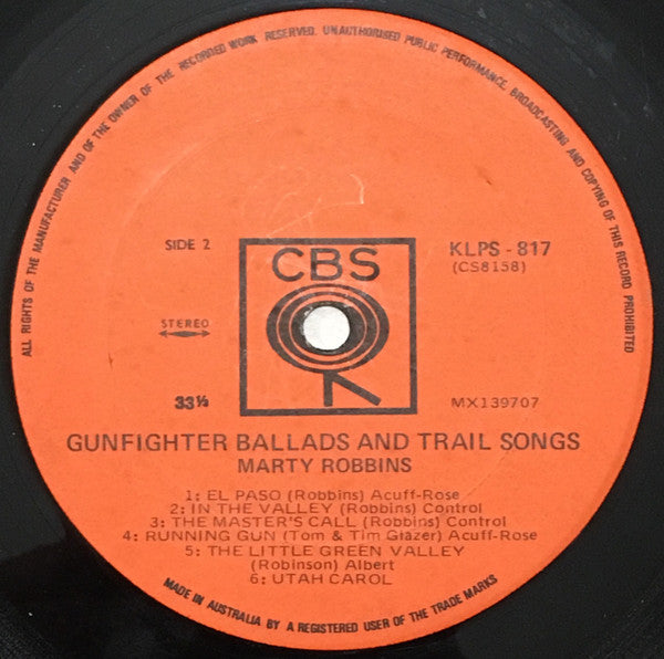 Marty Robbins – Gunfighter Ballads And Trail Songs LP vinyl record, image 4 of 4