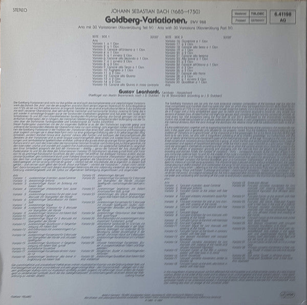 Johann Sebastian Bach, Gustav Leonhardt – Goldberg-Variationen LP vinyl record, image 3 of 3