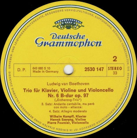 Ludwig van Beethoven, Wilhelm Kempff, Henryk Szeryng, Pierre Fournier – Erzherzogs-Trio • "Archduke" Trio, Op. 97 LP vinyl record, image 4 of 4