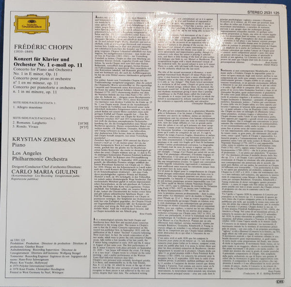 Frédéric Chopin, Krystian Zimerman, Los Angeles Philharmonic Orchestra, Carlo Maria Giulini – Klavierkonzert · Piano Concerto No. 1 LP vinyl record, image 2 of 10
