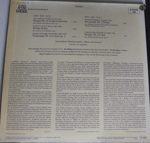 Arcangelo Corelli, Marco Uccellini, Georg Friedrich Händel, Louis-Antoine Dornel, Carolus Hacquart, Amsterdams Barok Ensemble – Sonatas LP vinyl record, image 2 of 3