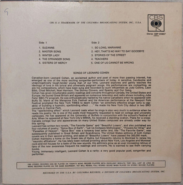Leonard Cohen – Songs Of Leonard Cohen LP vinyl record, image 2 of 4