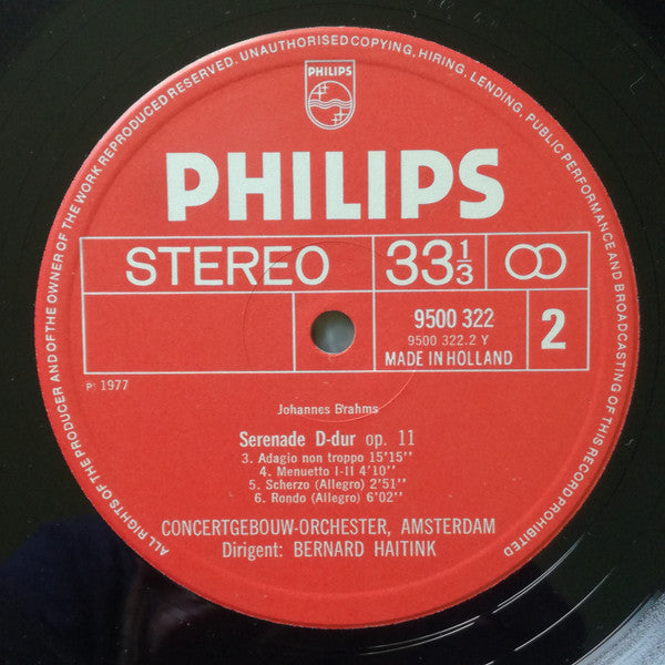 Johannes Brahms, Concertgebouworkest, Bernard Haitink – Serenade No. 1 LP vinyl record, image 6 of 9
