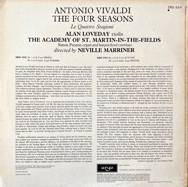 Antonio Vivaldi, The Academy Of St. Martin-in-the-Fields, Sir Neville Marriner, Alan Loveday – The Four Seasons LP vinyl record, image 2 of 5