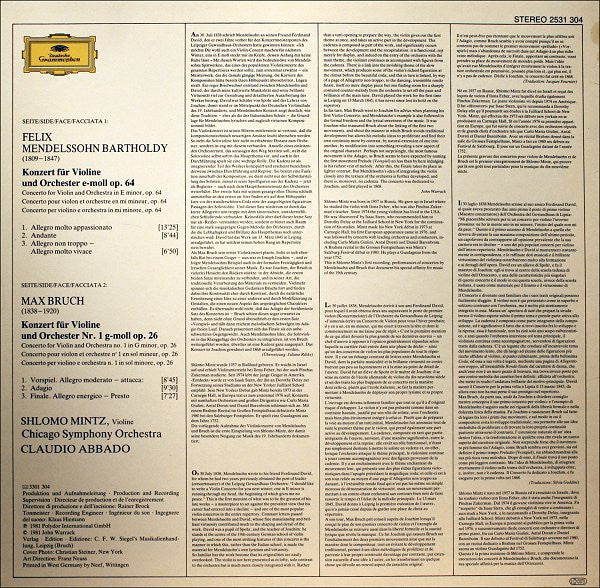 Felix Mendelssohn-Bartholdy, Max Bruch, Shlomo Mintz, Chicago Symphony Orchestra, Claudio Abbado – Violinkonzerte = Violin Concertos LP vinyl record, image 2 of 4