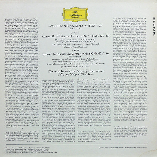Wolfgang Amadeus Mozart, Camerata Academica Salzburg, Géza Anda – Klavierkonzerte = Piano Concertos -C-Dur / In C Major / KV 503 · C-Dur / In C Major / KV 246 LP vinyl record, image 2 of 5